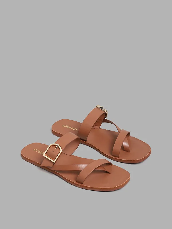 LUNA BLU 3-Band Buckle Brown Sandals