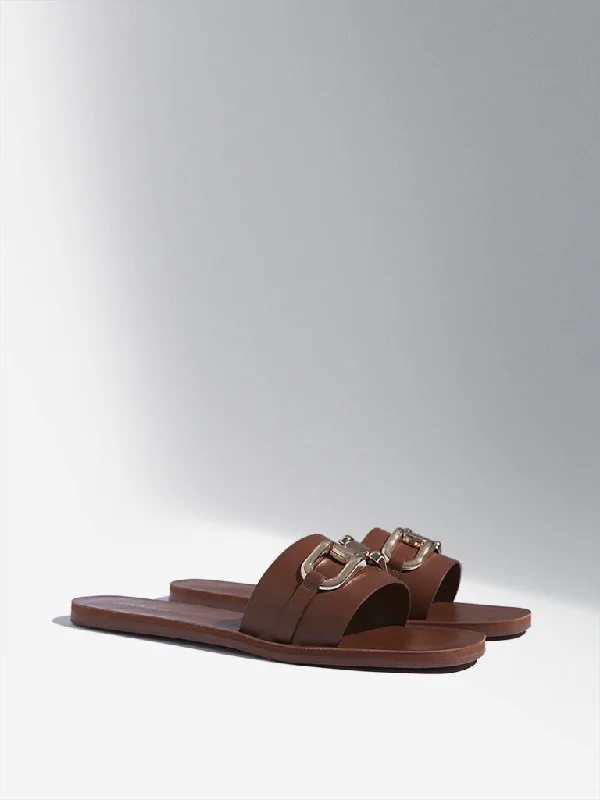 LUNA BLU Tan Buckle Slides